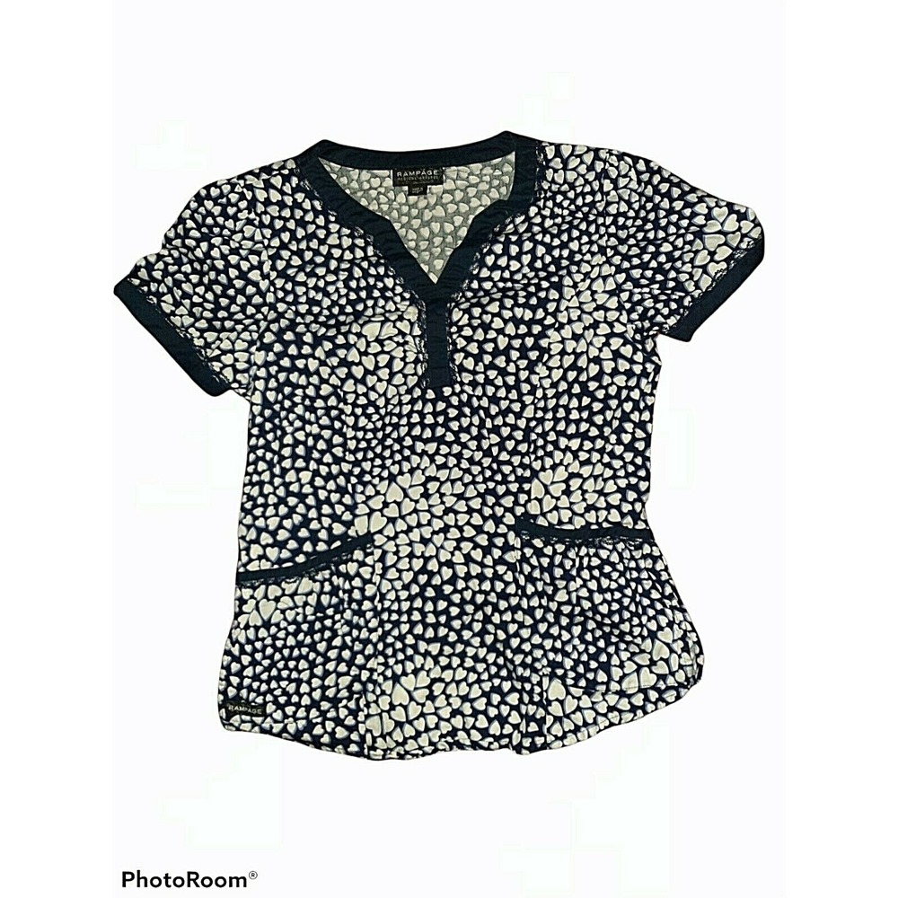 Rampage womens scrub top Size S  blue with white hearts lace trim